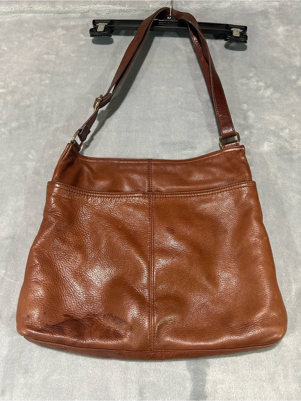 Margot Brown Pebbled Shoulder Bag Zip Top Gold Hardware Lined Inner Pockets